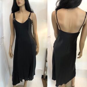 Vintage Via del Amore Black Silk Gown Chiffon Front Panel Midi Bias Slip Dress M